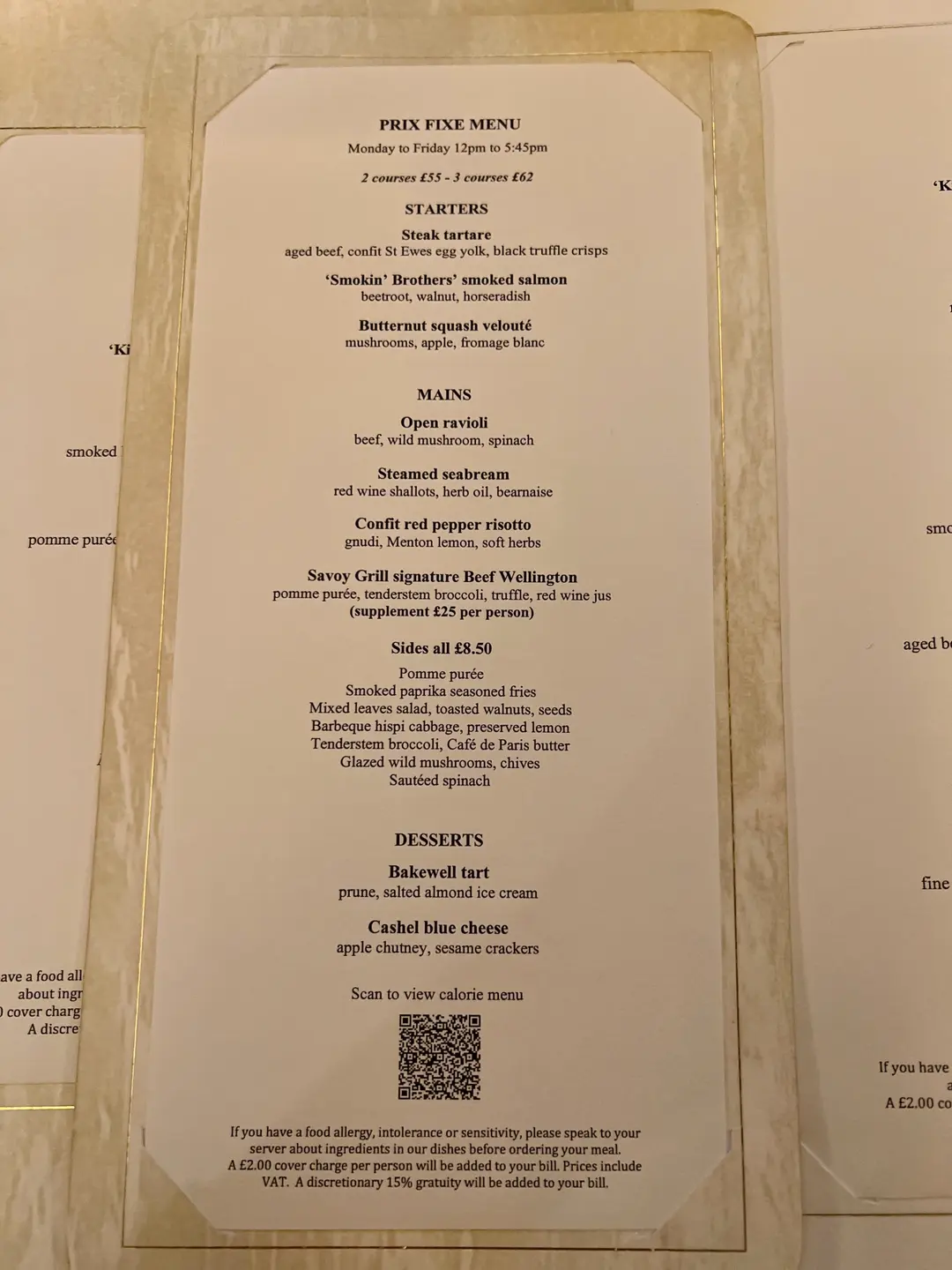 Savoy Grill Menu