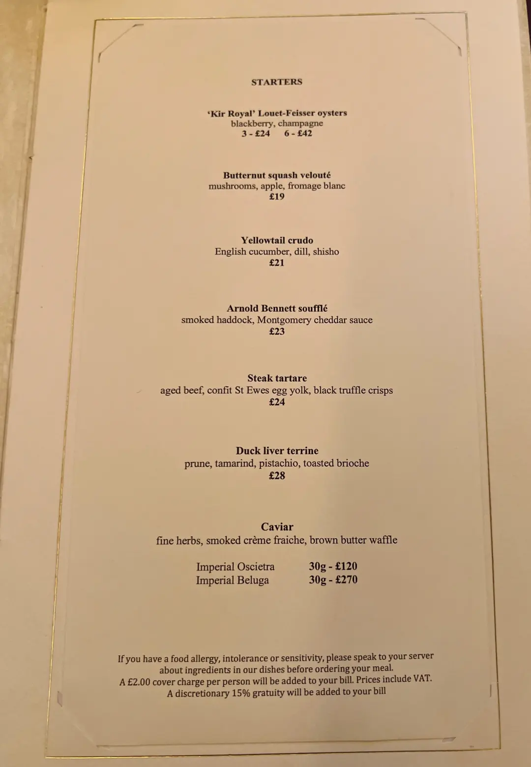 Menu prices