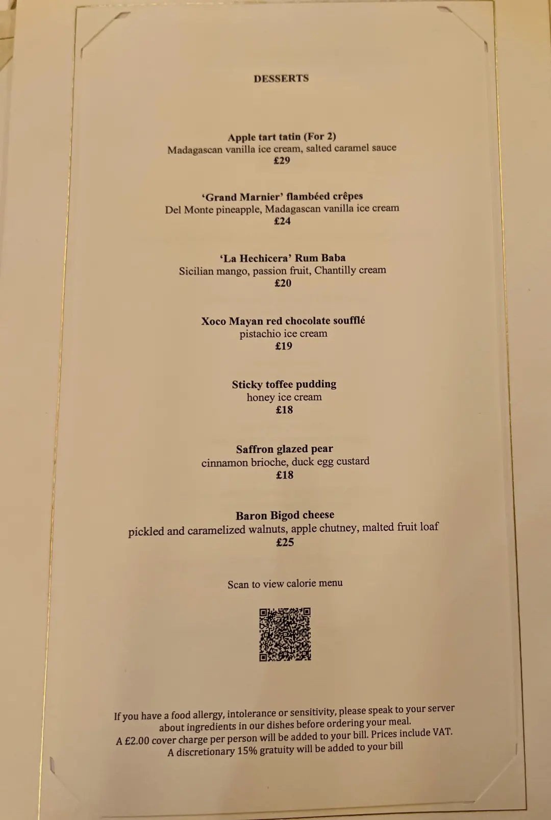 Savoy Grill dessert menu