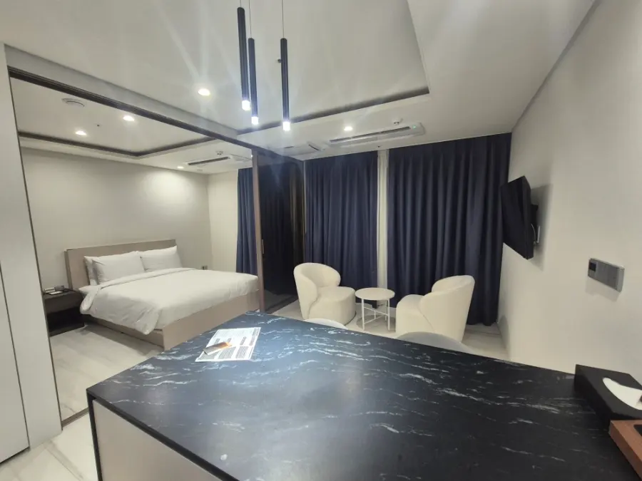 View of the bedroom through the glass doors