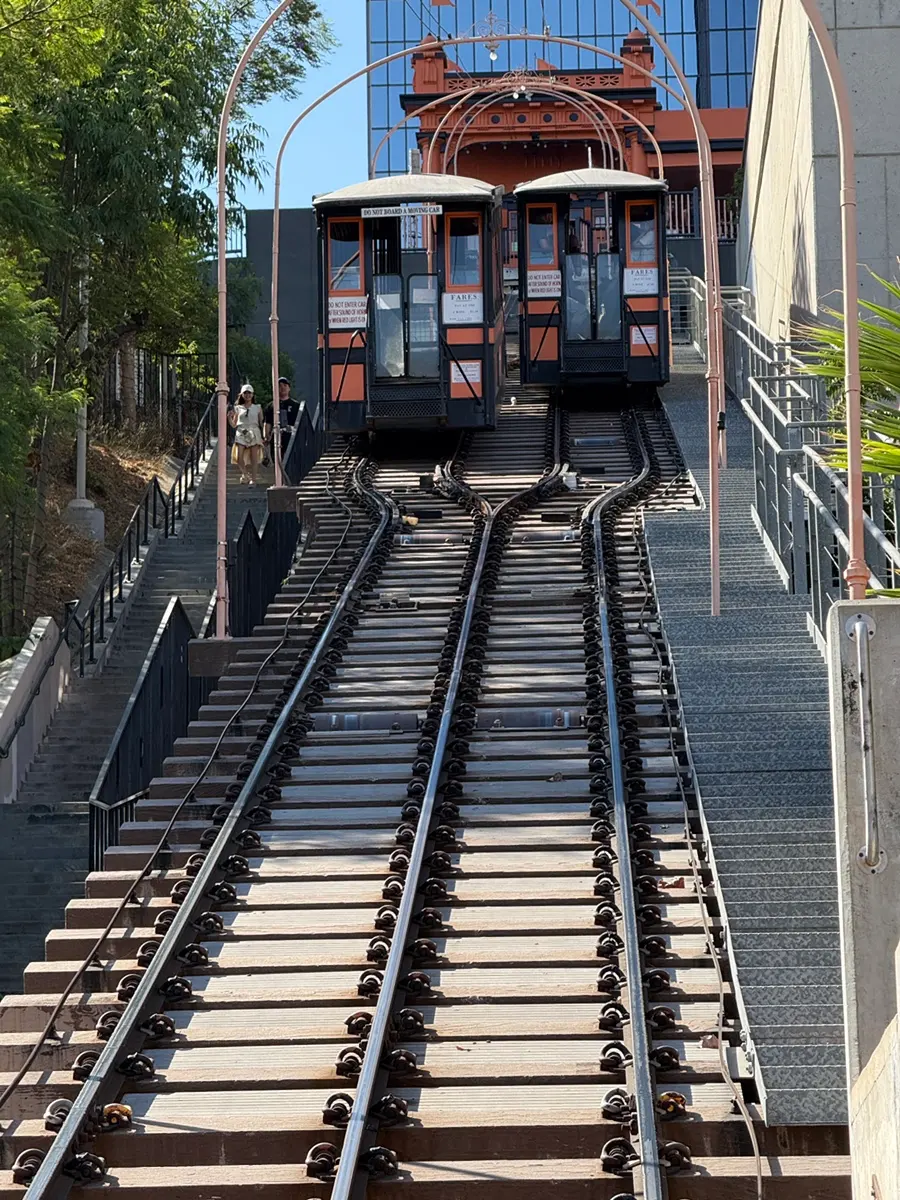 Angels Flight car on the tracks close up