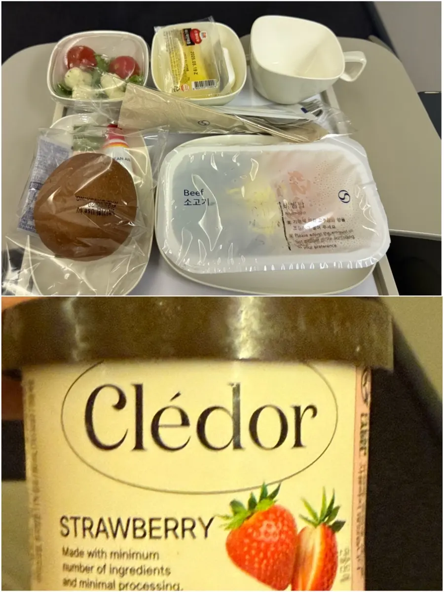 Korean Air inflight meal and Cledor strawberry ice cream