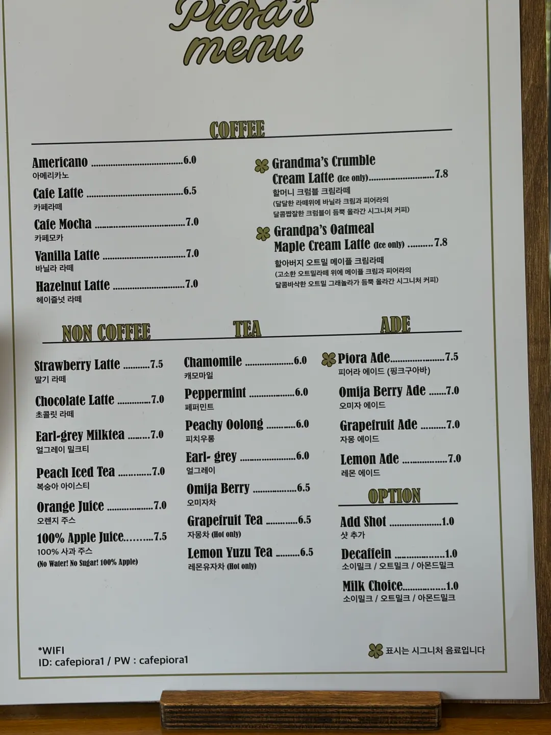 カフェピエラのメニュー表