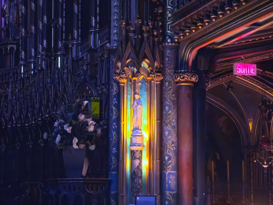 Notre Dame Montreal Aura Show purple lights
