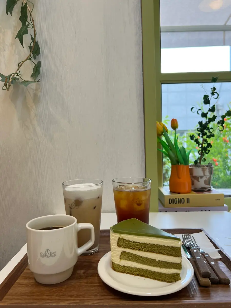 Our coffee and dessert order at the window seat
