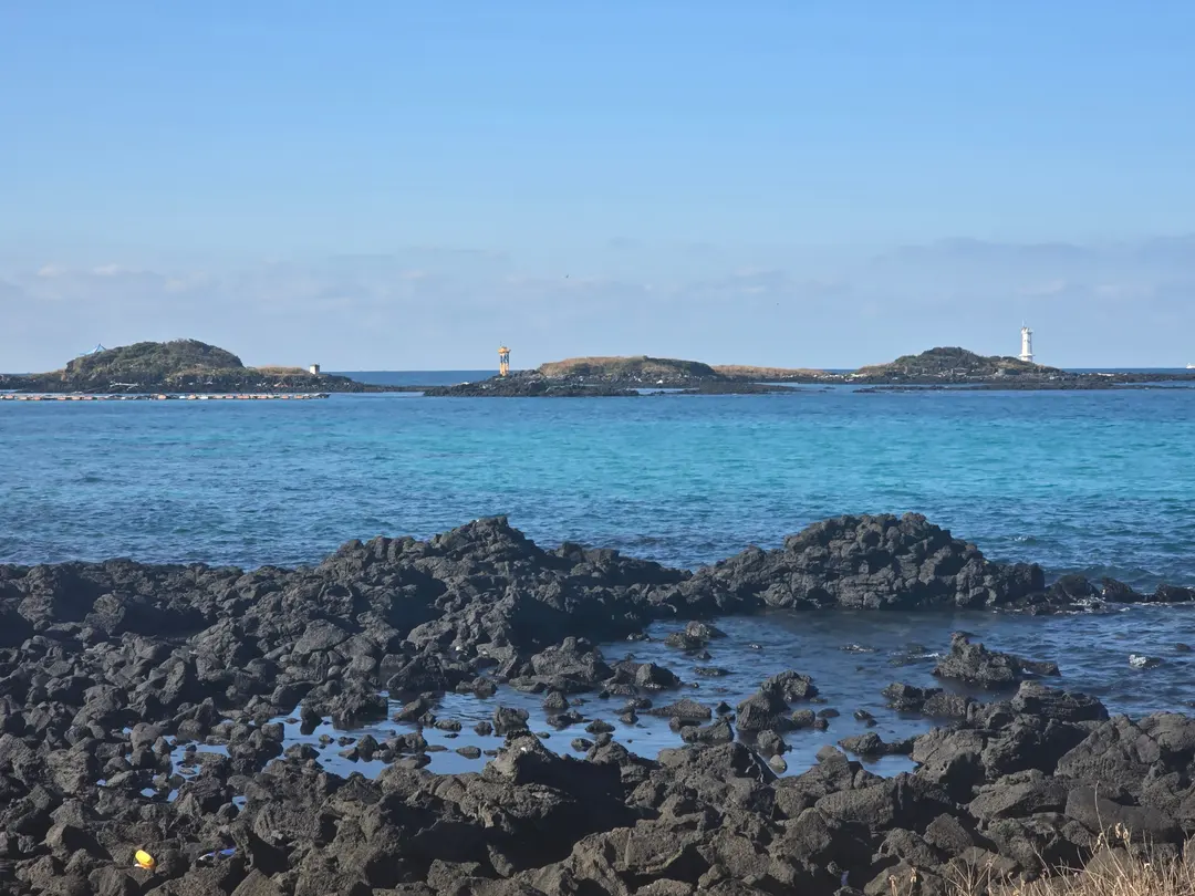 Ocean waves crashing on Jeju black basalt rocks