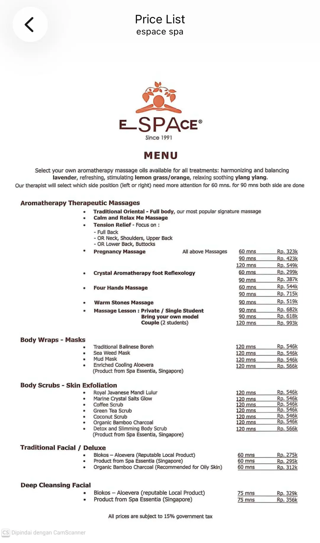Espace Spa價目表