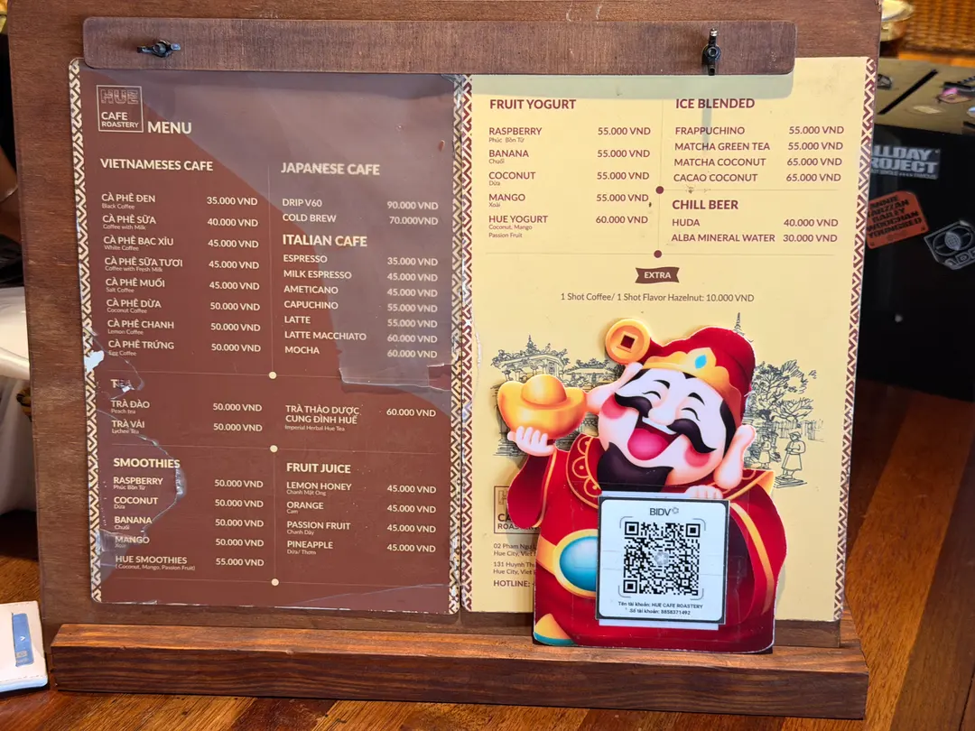 Hue Cafe Roastery drink menu page 1