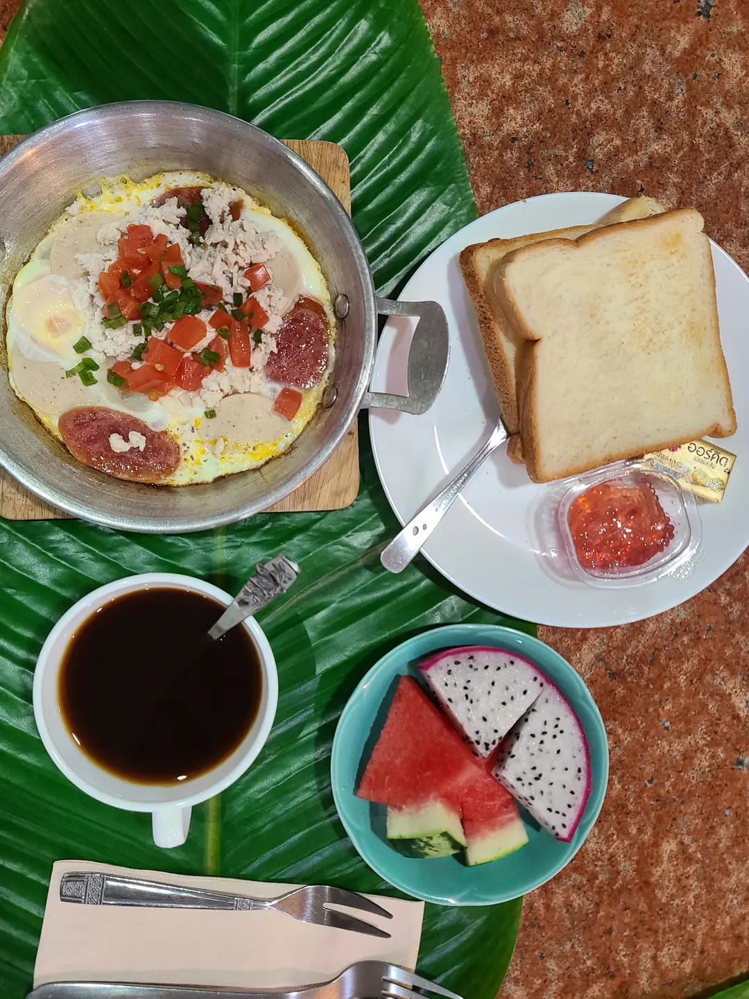 Breakfast served on a lotus leaf