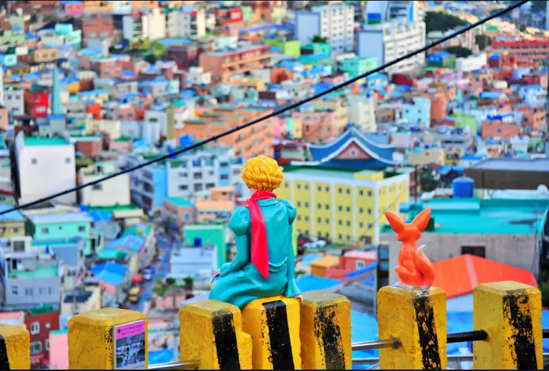 The Little Prince and Desert Fox statues overlooking Gamcheon Culture Village