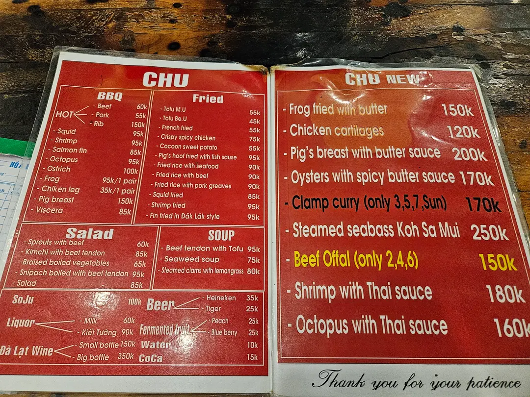 English Menu at Chu BBQ