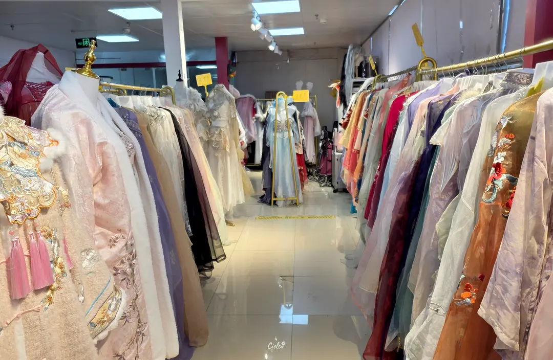 Racks of beautiful traditional Chinese dresses (Hanfu and Qipao)