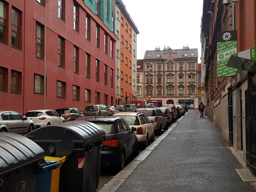 A local street in a non-touristy neighborhood of Prague.