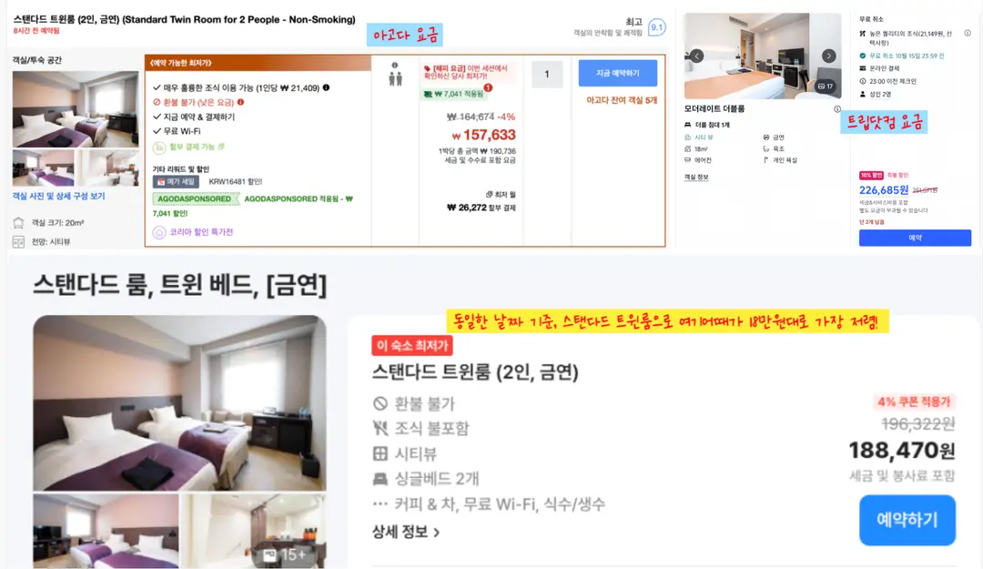 히요리호텔 난바 스테이션 가격 비교 아고다 vs 트립닷컴 vs 여기어때 순서