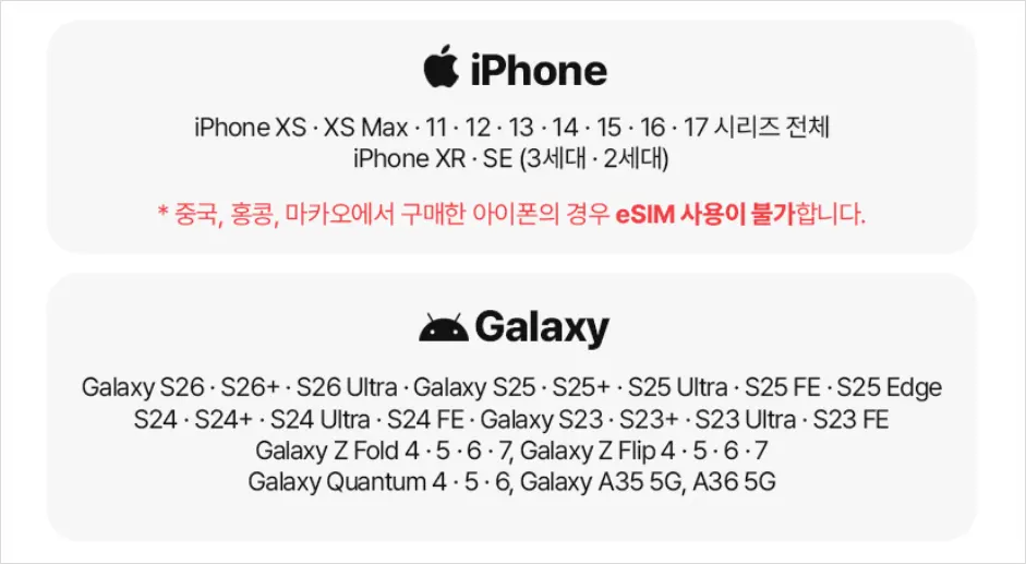 이심, Esim 사용 가능 기종