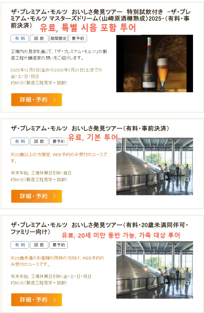 산토리 맥주공장 투어 종류
