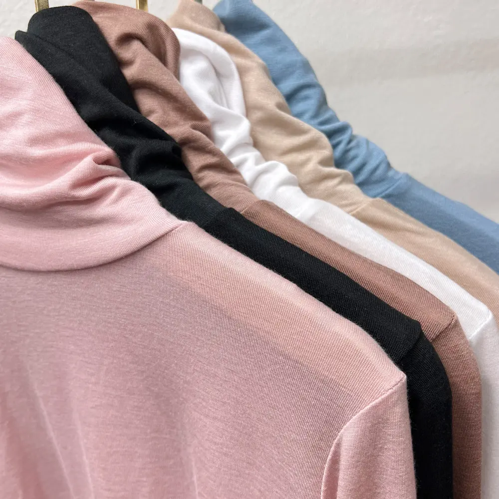 여성 목티 텐셀 목폴라 이너 시스루 얇은 폴라티 티셔츠 레이어드 핑크 흰색 검정