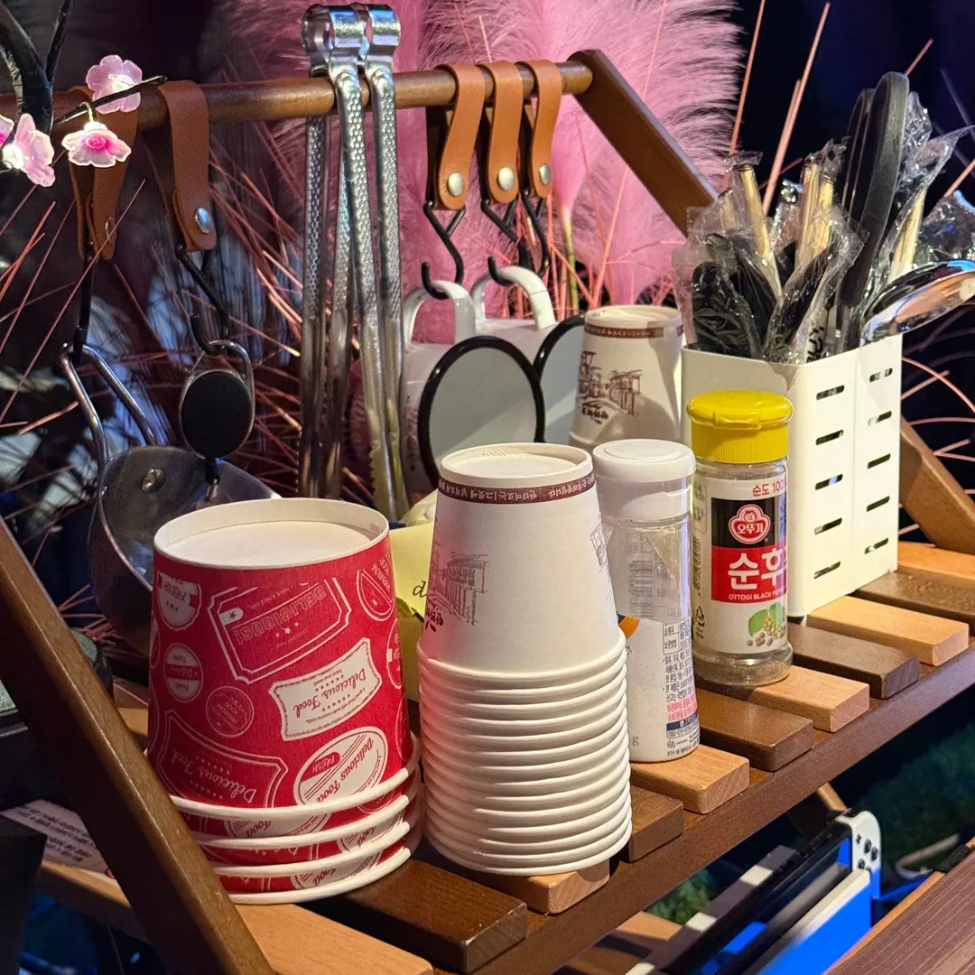 Table setup with cooking tools and utensils