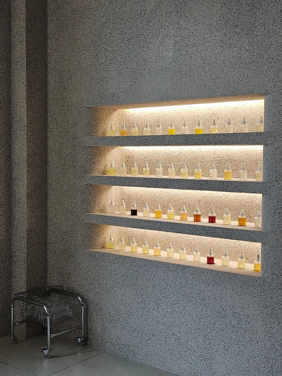Blending tables and fragrance display inside Muhwawon Bukchon Perfume Workshop