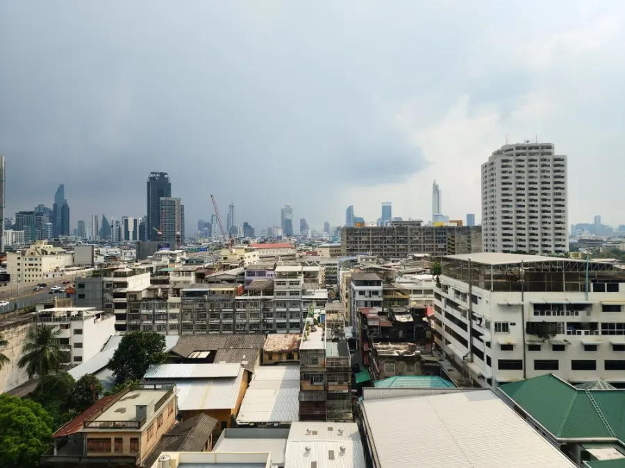Panoramic city view from the hotel room window