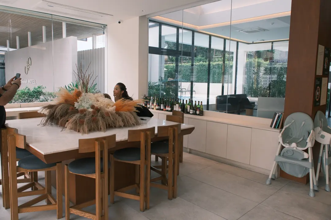 Bright and airy cafe interior with plants