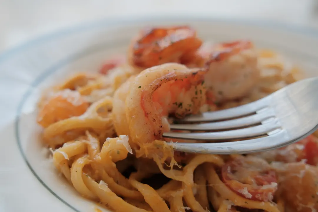 Close-up of pasta with shrimp