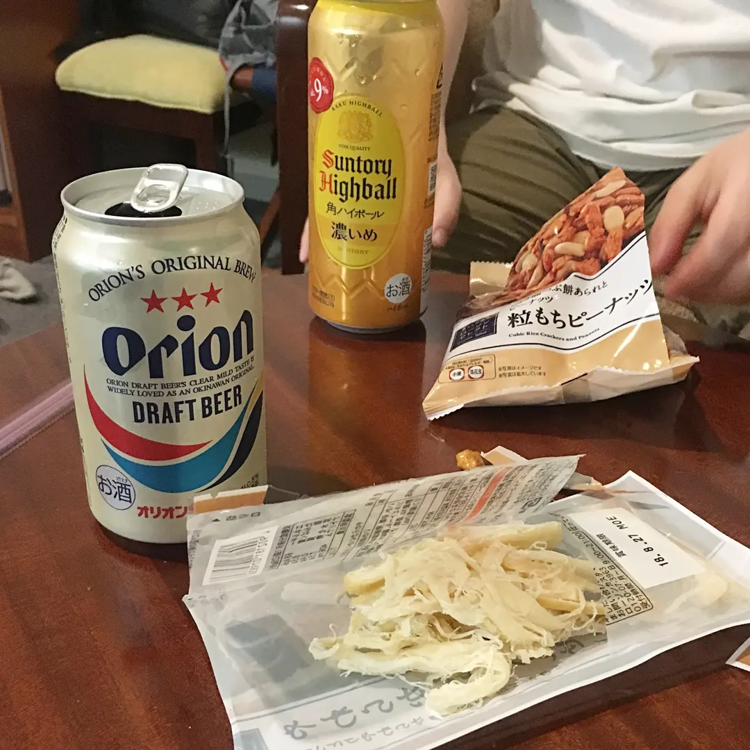 Orion beer in Okinawa! The small table was perfect for enjoying late-night snacks.