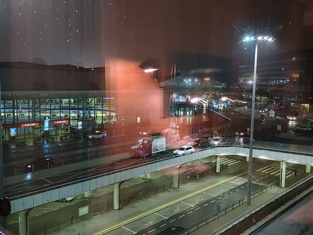 Warsaw Chopin Airport viewed from a guest room at Courtyard by Marriott Hotel; the soundproofing was excellent, allowing for a quiet and restful sleep.
