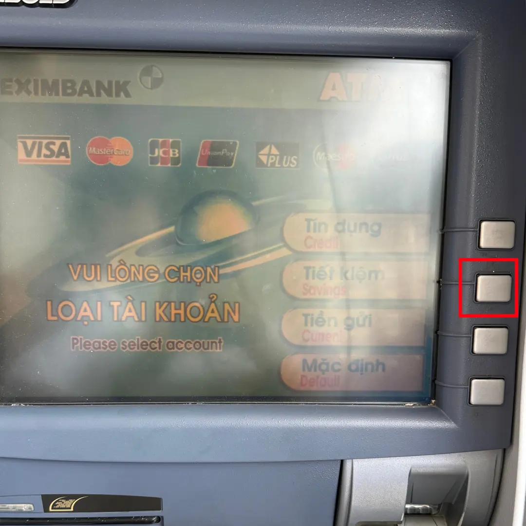 ATM screen showing account type selection, 'Savings' chosen