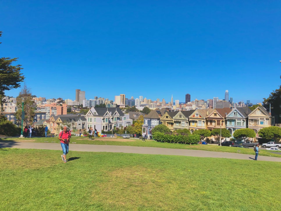 The famous Painted Ladies Victorian houses at Alamo Square with the city skyline behind them.