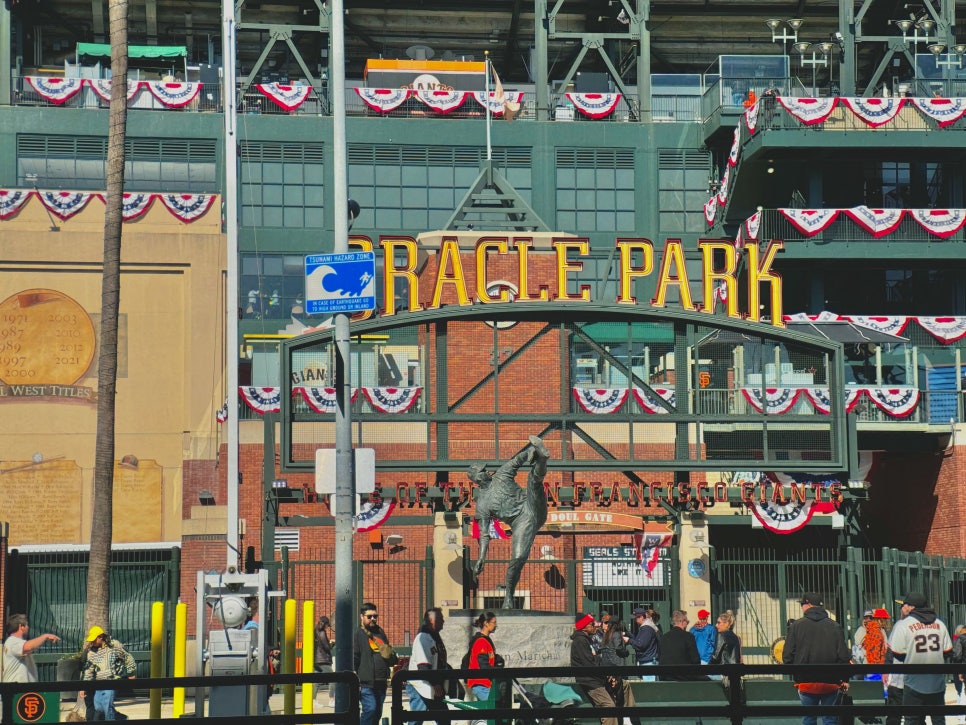 A panoramic view of Oracle Park, home of the San Francisco Giants, from behind home plate.