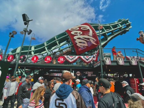 The giant Coca-Cola bottle and glove sculpture in the outfield of Oracle Park.