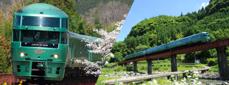 A unique green-colored train arriving at a station in Japan
