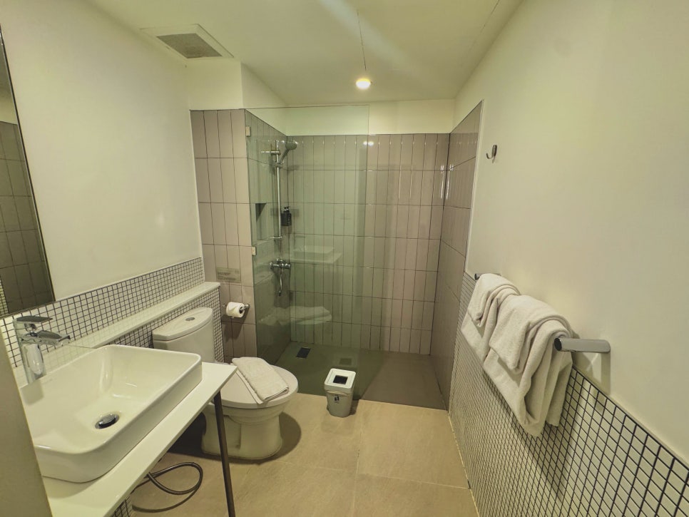 Modern bathroom with a walk-in shower and mosaic tiles